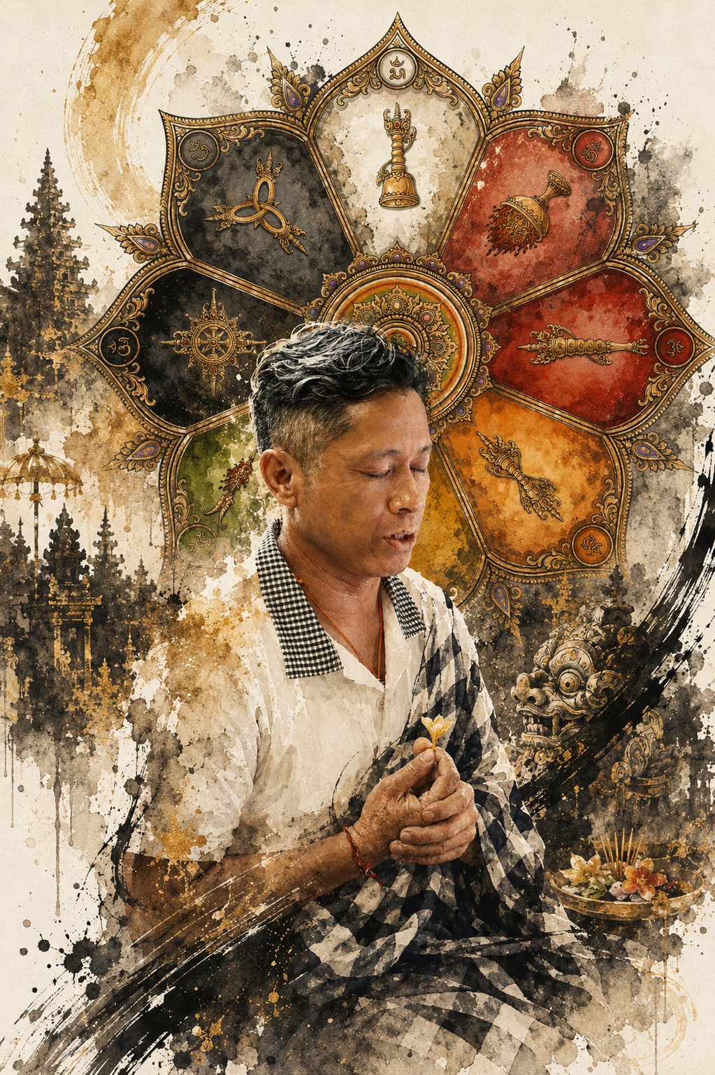 Priest in prayer beneath the gold Dewata Nawa Sanga wheel