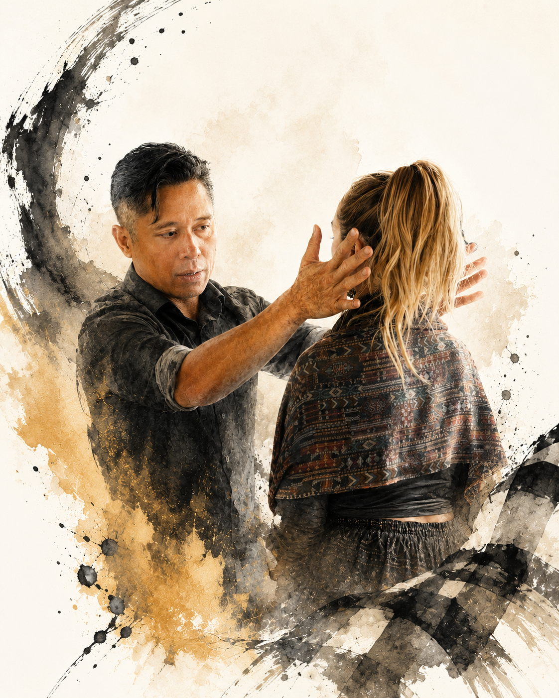 Practitioner and client within a sumi-e enso brushstroke ring