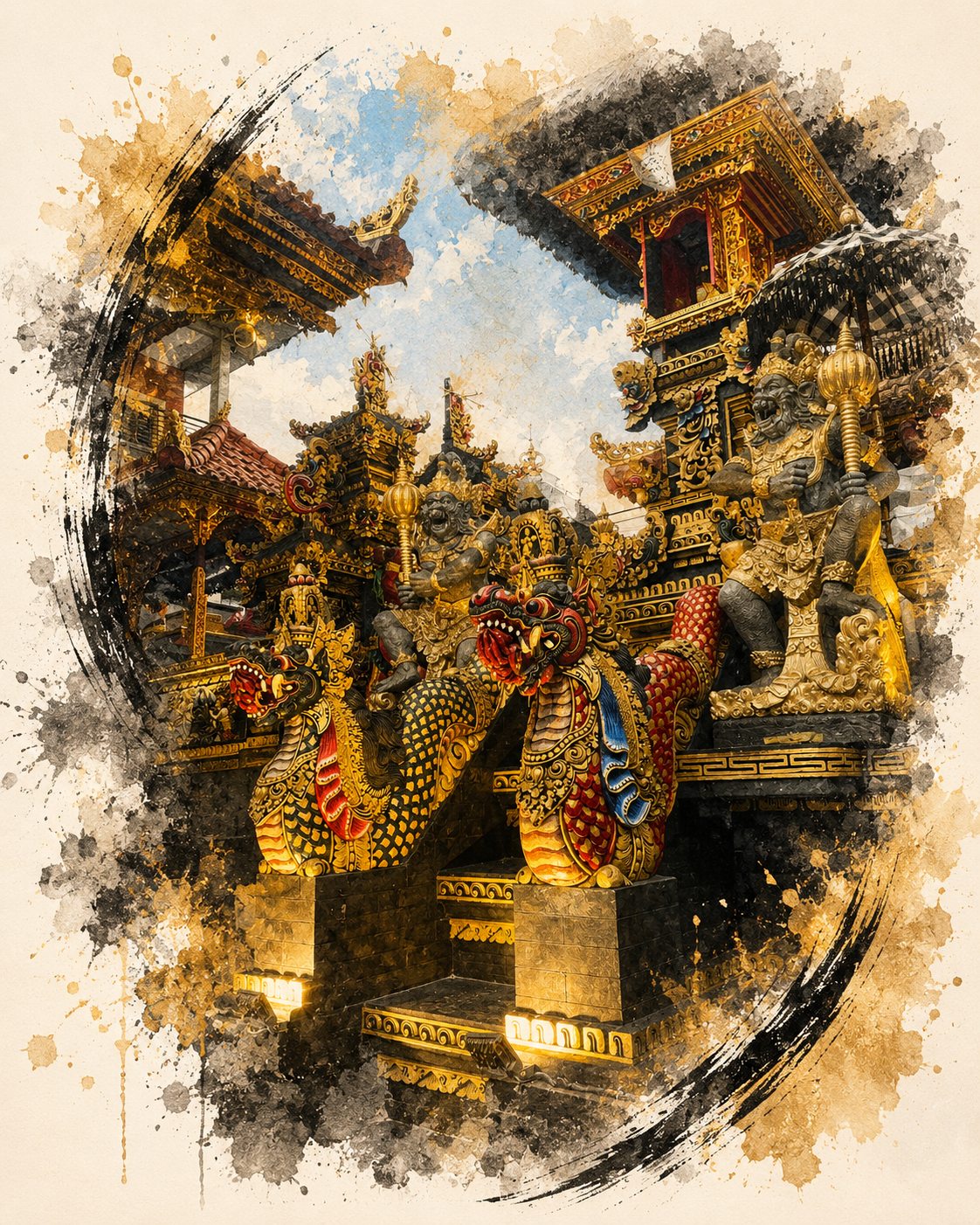 Balinese temple gateway guarded by golden naga dragons