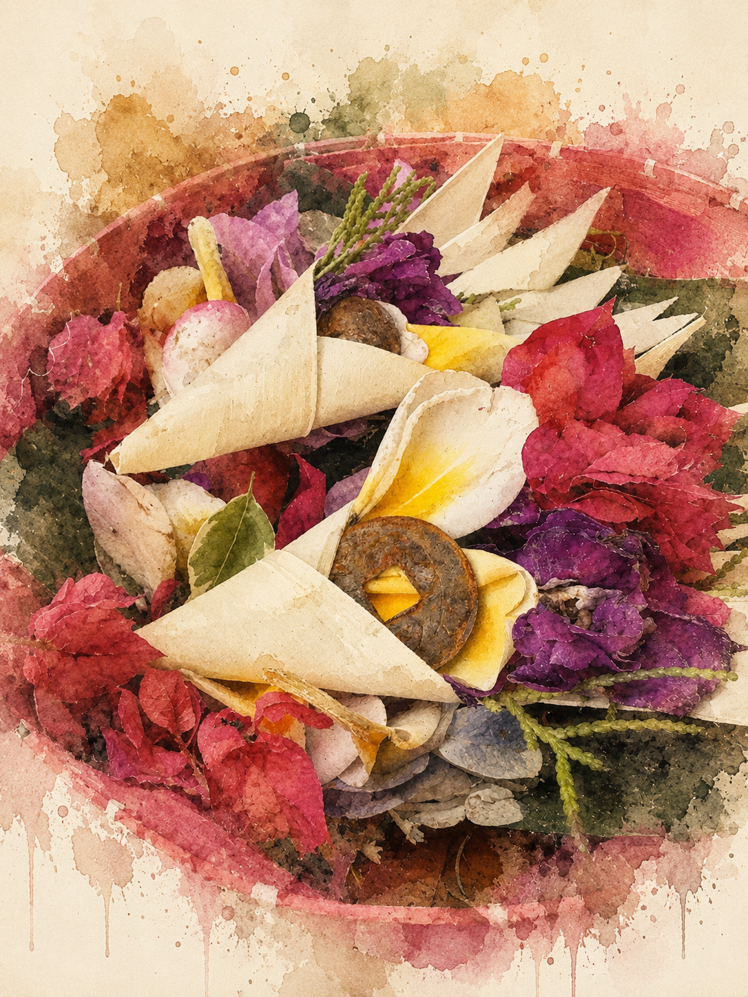 Caning sari offering — flowers in a sacred bowl